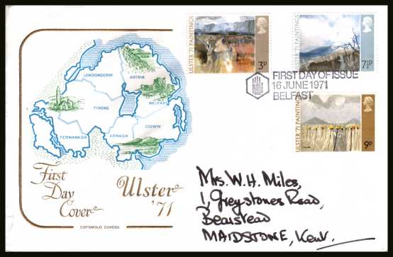 view larger back view image for Ulster Paintings set of three on a hand addressed COTSWOLD
FDC cancelled with special alternative  cancel for BELFAST dated 16 JUNE 1971.