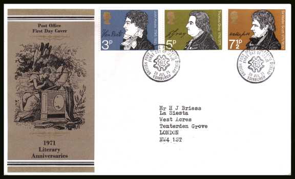 view larger back view image for Literary Anniversaries set of three on a neatly typed addressed official Post Office
FDC cancelled with a 
 BRITISH PHILATELIC BUREAU - EDINBURGH cancel dated 28 JUL 71