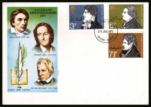 view larger back view image for Literary Anniversaries set of three on an unaddressed PHILART
FDC cancelled with a SUTTON - SURREY 
FDI cancel  dated 28 JUL 1971.