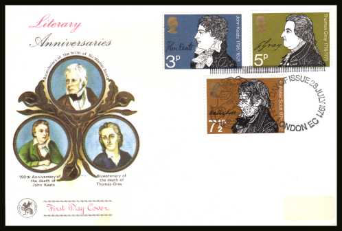 view larger back view image for Literary Anniversaries set of three on an unaddressed WESSEX
FDC cancelled with a special cancel for LONDON EC dated 28 JUL 1971.