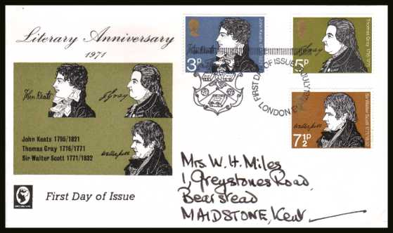 view larger back view image for Literary Anniversaries set of three on a hand addressed CAMEO
FDC cancelled with a special cancel for LONDON EC dated 28 JUL 1971.