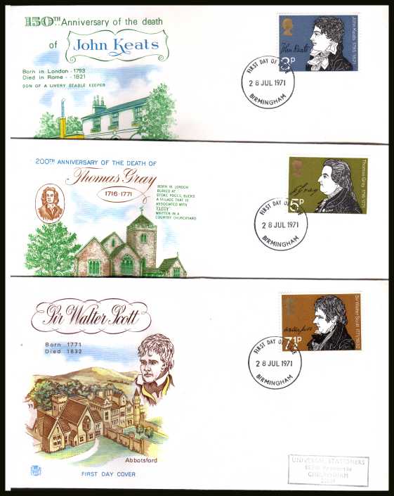 view larger back view image for Literary Anniversaries set of three with three different design handstamped addressed STUART FDCs each canbcelled with a BIRMINGHAM FDI dated 28 JUL 1971