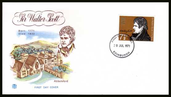 view larger back view image for Literary Anniversaries 7½p Sir Walter Scott on an unaddressed STUART FDC cancelled with an EDINBURGH FDI dated 28 JUL 1971