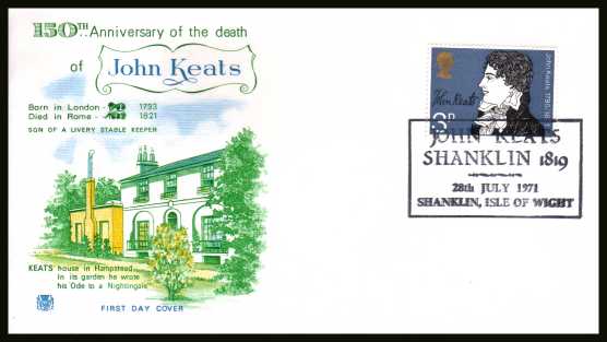 view larger back view image for Literary Anniversaries 3p on an unaddressed STUART FDC cancelled with the JOHN KEATS - SHANKLIN 1819 special cancel dated 28 JUL 1971