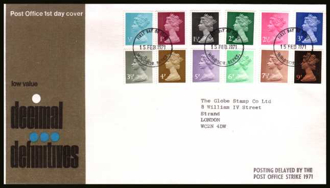 view larger back view image for The initial Machin definitive set of twelve on an addressed official Post Office FDC cancelled with a WINDSOR

FDI cancel dated 15 FEB 71. The FDC also has the handstamp 'POSTING DELAYED BY THE POST OFFICE STRIKE 1971'