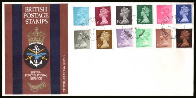 view larger back view image for The initial Machin definitive set of twelve on an unaddressed
 BFPO FDC cancelled with a
double ring CDS reading FIELD POST OFFICE - 142 dated 15 FEB 71.