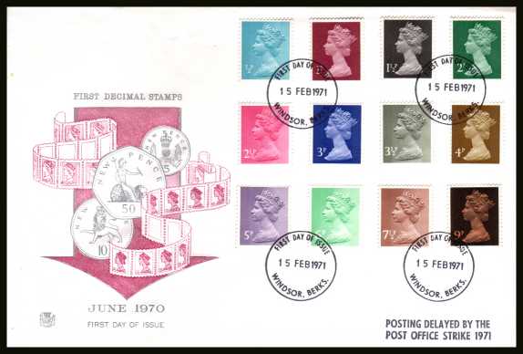 view larger back view image for The initial Machin definitive set of twelve on an unaddressed STUART
 FDC cancelled with a WINDSOR

FDI cancel dated 15 FEB 71. The FDC also has the handstamp 'POSTING DELAYED BY THE POST OFFICE STRIKE 1971'