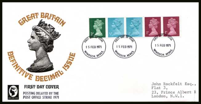 view larger back view image for The first Machin coil strip of five on an unaddressed FDC cancelled with three strikes of the WINDSOR FDI  cancel dated 15 FEB 1971. The FDC does NOT have the handstamp  'POSTING DELAYED BY THE POST OFFICE STRIKE 1971'