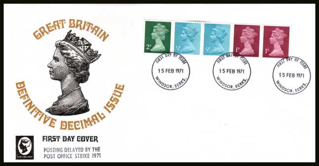 view larger back view image for The first Machin coil strip of five on unaddressed CAMEO FDC cancelled with three strikes of the WINDSOR FDI  cancel dated 15 FEB 1971. The FDC does NOT have the handstamp  'POSTING DELAYED BY THE POST OFFICE STRIKE 1971'