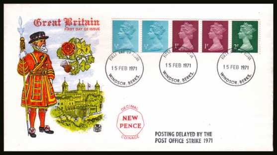 view larger back view image for The first Machin coil strip of five on an unaddressed colour STUART FDC cancelled with three strikes of the WINDSOR FDI  cancel dated 15 FEB 1971. The FDC also has the handstamp  'POSTING DELAYED BY THE POST OFFICE STRIKE 1971'