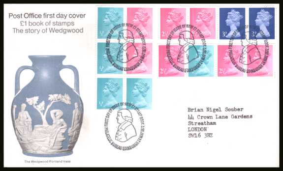 view larger back view image for The Story of Wedgewood £1 booklet panes on official neatly typed addressed Post Office FDC cancelled with the special cancel for PHILATELIC BUREAU - EDINBURGH  dated 24 MAY 1972