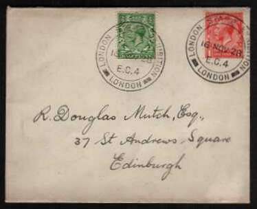 view larger front view of image for ½d Green and 1d Scarlet on a small neat cover each stamp crisply cancelled with the a double ring date stamp for LONDON STAMP EXHIBITION  - LONDON E.C. 4 dated 16 NOV 28. On back, exhibition advert label in green. 'A PAGENT OF POSTAGE' !