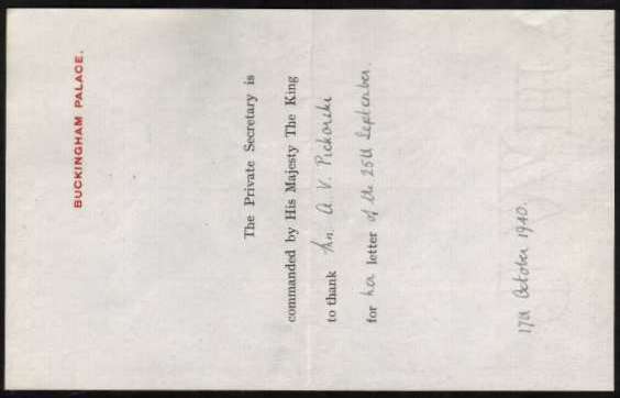 view larger back view of image for 2½d Ultramarine on a BUCKINGHAM PALACE envelope unusually mailed from WINDSOR on 17 OCT 1940 containing a letter thanking a Mrs Pickorski for her letter.