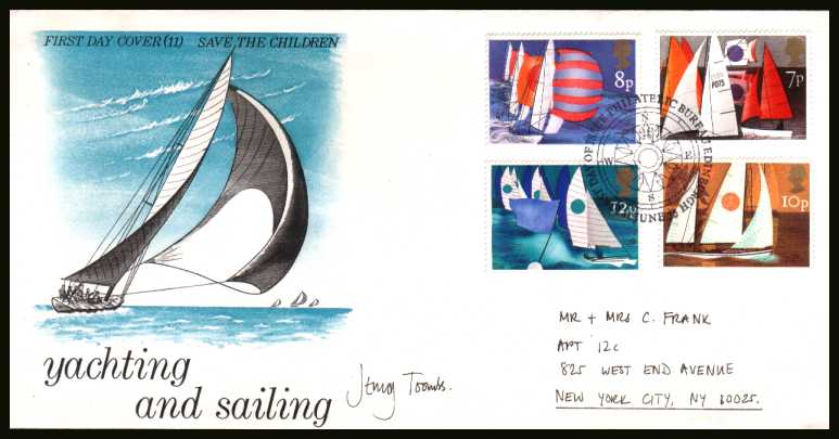view larger back view image for Sailing set of four on a hand addressed PHILART - SAVE THE CHILDER FUND - No 11 cancelled with the PHILATELIC BUREAU - EDINBURGH cancel dated 11 JUNE 75. NOTE: This cover is autographed by the designer JENNIFER (JENNY) TOOMBS with the address in her hand.