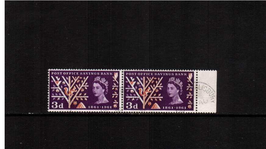 view larger image for SG 624AEb (1961) - Post Office Savings Bank<br/>
The 3d ''Timson Printing'' version showing the <b>''Perf through side sheet margin''</b> variety superb fine used pair cancelled with a light CDS. 
<br/><b>X4X</b>