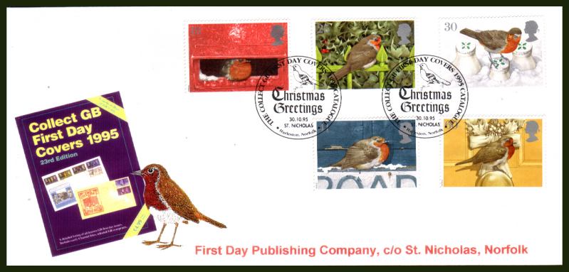 view larger back view image for Christmas set of five on an OFFICIAL unaddressed FDP Co First Day Cover cancelled with the GB FDC CATALOGUE  
special handstamp for ST NICHOLAS -  HARLESTON - NORFOLK
dated 30.10.95. Cat £15
<br><b>XQX</b>