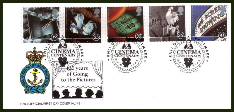 view larger back view image for Centenary of Cinema set of five on an OFFICIAL unaddressed RNLI First Day Cover cancelled with the STAR - WINSCOMBE - AVON
special handstamp 
dated 16.4.96. Cat £15
<br><b>XQX</b>