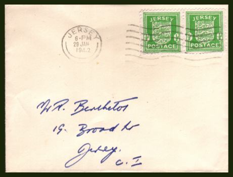 view larger back view image for JERSEY - ½d Green. Pair on a crisp plain envelope cancelled a JERSEY ''Slogan'' cancel  dated 29 JAN 42.

<br><b>XPX</b>
