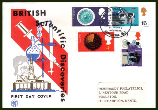view larger back view image for British Discovery and Invention set of four on a WESSEX  label addressed FDC cancelled with a single central special cancel for PENICILLIN DISCOVERED - PADDINGTON W.2 dated 19 SEP 1967.

<br><b>XPX</b>