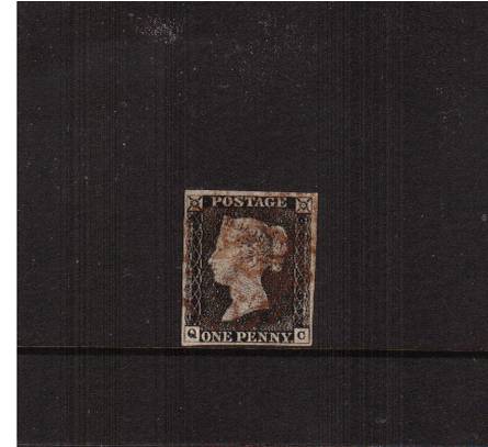 view larger image for SG 2 (1840) - 1d Black from Plate 1a lettered ''Q-C''<br/>
A  four margined stamp with vertical crease cancelled with a light Reddish-Brown Maltese Cross cancel.

<br/><b>J2016-1840</b>