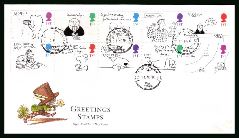 view larger back view image for Greetings Stamps - Cartoons <b>PHOSPHOR </b>booklet pane of ten on an unaddressed (label part removed) official Royal Mail FDC cancelled with four strikes of FLEET ST LONDON EC4 Steel CDS dated 11 NOV 96. A very rare cover 'missed' cover!
<br/><b>FDC16</