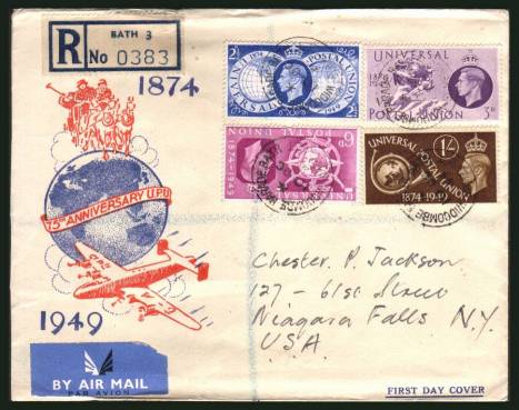 view larger back view image for 75th Anniversary of Universal Postal Union set of four on an illustrated, hand addressed REGISTERED FDC cancelled with four strikes of a WIDCOMBE PARADE - BATH  - SOMERSET steel  CDS dated 10 OC 49



<br/><b>FDC16</b>