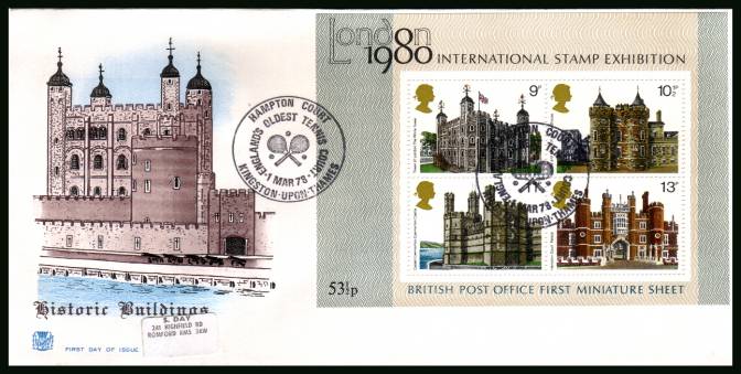 view larger back view image for Historic Buildings minisheet on a label addressed colour STUART FDC cancelled with two strikes of the HAMPTON COURT - TENNIS - handstamp dated 1 MAR 78



<br/><b>FDC16</b>