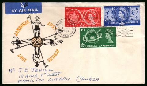 view larger back view image for World Scout Jubilee Jamboree set of three on a hand addressed illustrated FDC cancelled with the SUTTON COLDFIELD slogan cancel reading ''WORLD SCOUT JUBILEE JAMBOREE'' dated 1 AUG 1957 to ONTARIO CANADA