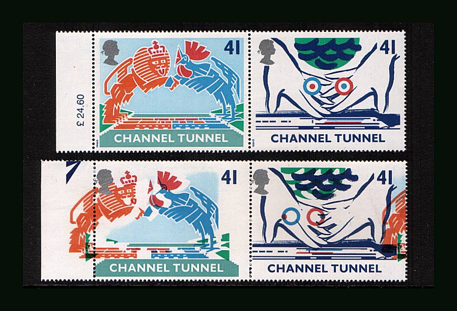 view larger image for SG 1822var (1994) - Opening of Channel Tunnel<br/>
The 41p se-tenant left side marginal pair showing numerous colour shifts to left with normal for comparison. NOTE:  I have not seen this variety before.

<br/><b>ERRX</b>