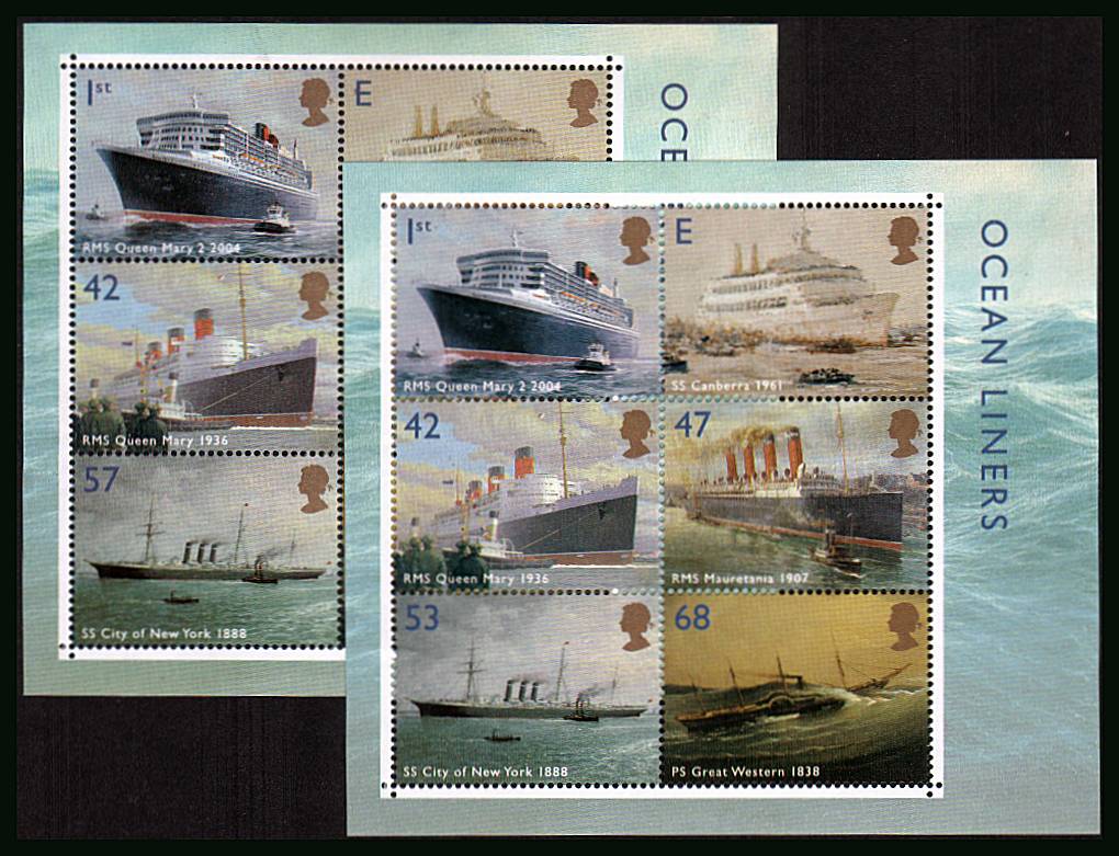 view larger image for SG MS2454var (2004) - Ocean Liners<br/>
The PERFORATED minisheet superb unmounted mint showing<b> ''ERROR OF FACE VALUE'' </b> 53p not 57p from the batch of six found at a stamp show in New York issued prior to rate increase. With normal.  Listed in PIERRON.<br/><b>ERRX</