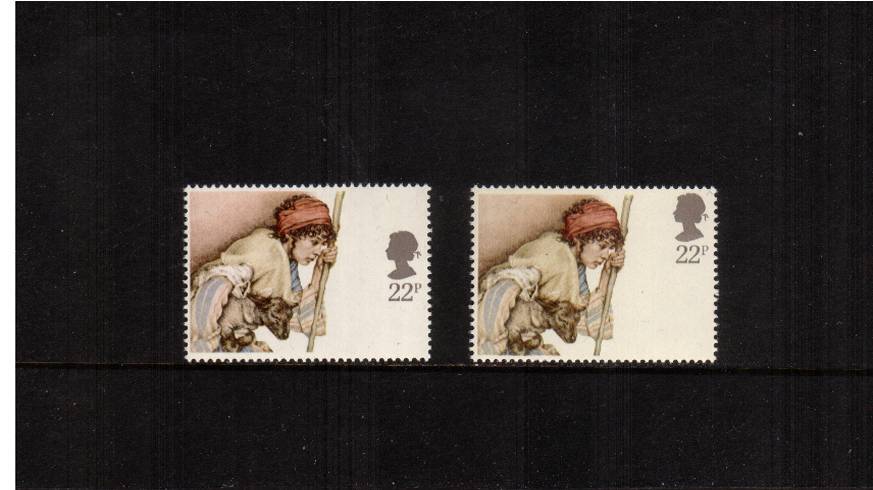 view larger image for SG 1269var (1984) - Christmas<br/>
The 22p single showing the famous <b>''DROPPED HEAD'' </b>variety superb unmounted mint with normal for comparison. 
<br/><b>QQA</b>