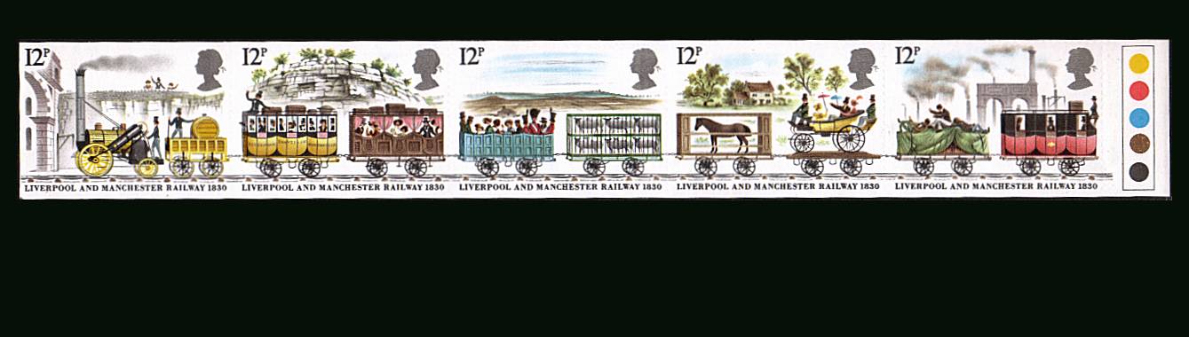 view larger image for SG 1113abvar (1980) - 150th Anniversary of Liverpool and Manchester Railway <br/>
Strip unmounted mint <b>IMPERFORATE</b> some perf indents at right plus bonus of Traffic Lights. 10 recorded pairs thus this strip is <b>UNIQUE</b>
SG Cat for fully imperf £3250<br/><b>ERRX</b>