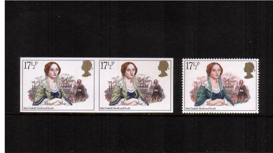 view larger image for SG 1128a (1980) - Famous Authoresses<br/>
The 17½p stamp in a superb unmounted mint <b>IMPERFORATE</b> horizontal pair also with <b>SLATEBLUE OMITTED</b><br/>50 pairs known.
SG Cat £750


 
<br/><b>ERRX</b>