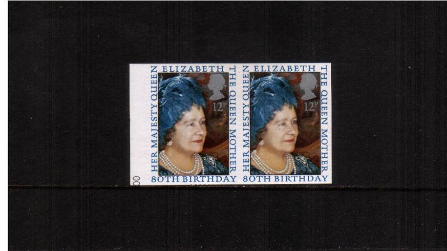 view larger image for SG 1129avar (1980) - 80th Birthday of Queen Mother<br/>
A superb unmounted mint left side marginal pair that at first glance appears to be <b>IMPERFORATE</b><br/>The pair does have perf indentations between hence price. <br/>
SG Cat for perfect £1200

<br/><b>ERRX</b>