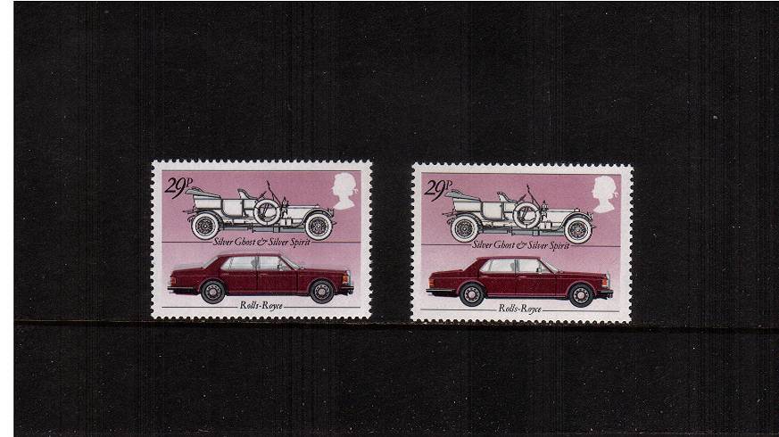 view larger image for SG 1201var (1982) - British Motor Cars<br/>
The 29p stamp superb unmounted mint showing an upwards <b>SHIFT OF SLATE</b> colour with normal for comparison. Listed in PIERRON.
<br/><b>ERRX</b>