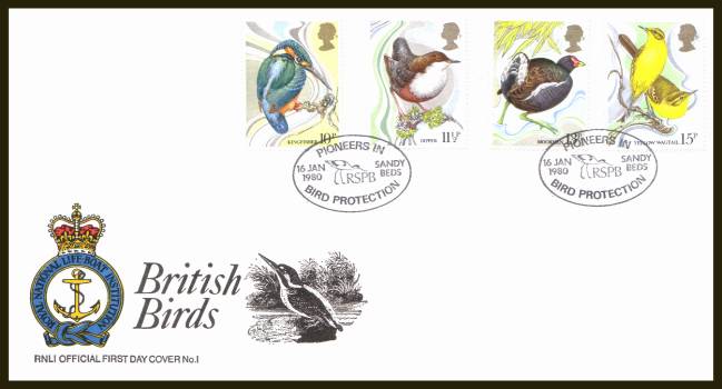 view larger back view image for British Birds set of four on an unaddressed  RNLI Official First Day Cover cancelled with two strikes of the special PIONEERS IN BIRD PROTECTION 
cancel dated 16 JAN 1980<br/>
RNLI Cover number: 1
<br/><b>RN17</b>