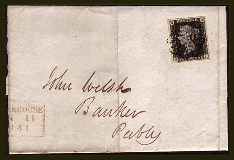 view larger front view of image for 1d Black from Plate 7  lettered ''G-L''  A lovely four margined stamp nicely cancelled with a Black Maltese Cross on large part entire from NOBLEHOUSE to PEEBLES and backstamped JUN 11 1841<br/>SG SPEC Cat AS46 SG Cat £1000