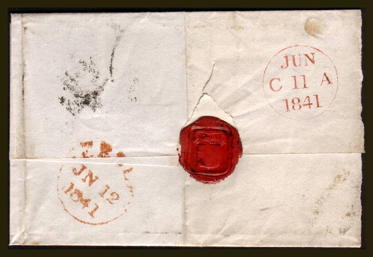 view larger back view of image for 1d Black from Plate 7  lettered ''G-L''  A lovely four margined stamp nicely cancelled with a Black Maltese Cross on large part entire from NOBLEHOUSE to PEEBLES and backstamped JUN 11 1841<br/>SG SPEC Cat AS46 SG Cat £1000