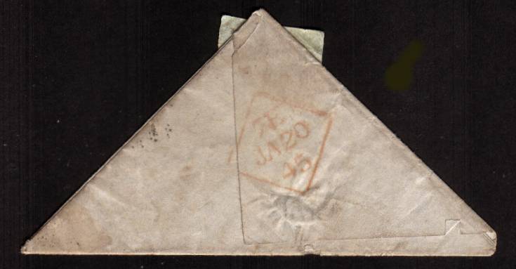 view larger back view of image for 1d Red lettered ''K-H'' on a TRIANGULAR complete entire to MULLINGAR - IRELAND cancelled with an Irish ''186'' for DUBLIN and backstamped JA 20 45. Triangular entires are very, very rare and because of the way it is folded completely authentic.