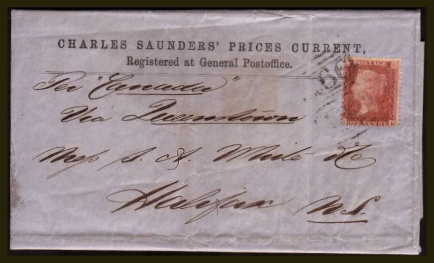 view larger front view of image for 1d Red ''Stars'' lettered ''C-B'' very lightly tied with a 466 for LIVERPOOL to a complete ''CHARLES SAUNDERS PRICES CURRENT'' to HALIFAX NS (Nova Scotia). No backstamp but dated inside on the printed letter - Liverpool - 2 November 1860.