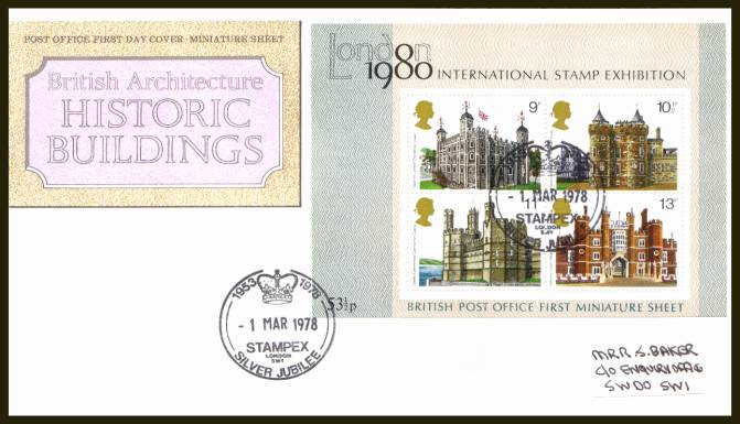 view larger back view image for Historic Buildings minisheet on a label addressed official Royal Mail  FDC cancelled with a strike of the STAMPEX - LONDON SW1
cancel dated 25 JANUARY 1978