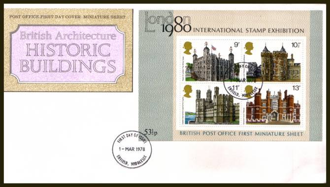 view larger back view image for Historic Buildings minisheet on an UNADDRESSED official Royal Mail  FDC cancelled with a strike of the 
ENFIELD - MIDDLESEX
FDI cancel dated 25 JANUARY 1978