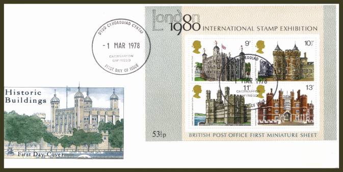 view larger back view image for Historic Buildings minisheet on an unaddressed Mercury FDC cancelled with a strike of the DYDD CYHOEDDIAD CYNTAF

 cancel dated 25 JANUARY 1978