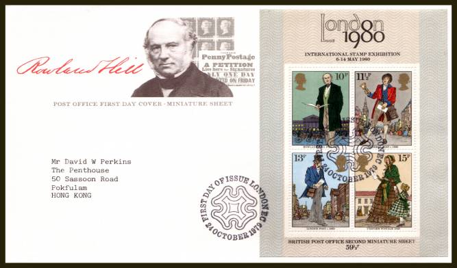 view larger back view image for Rowland Hill minisheet on a neatly typed addressed official Post Office FDC cancelled with the alternative LONDON EC

handstamp dated 24 OCT 1979

