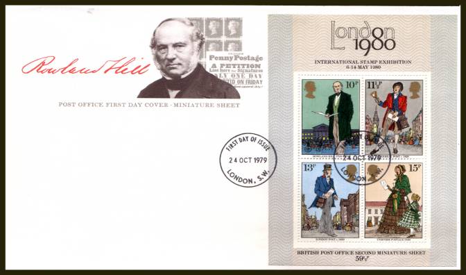 view larger back view image for Rowland Hill minisheet on an UNADDRESSED official Post Office FDC cancelled with a
LONDON S.W.
FDI dated 24 OCT 1979

