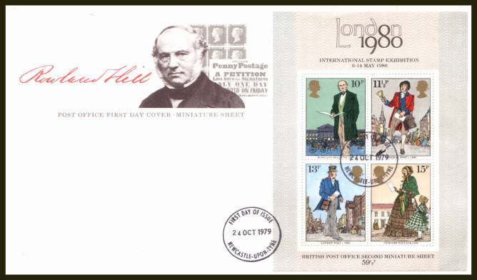 view larger back view image for Rowland Hill minisheet on an UNADDRESSED official Post Office FDC cancelled with a
NEWCASTLE-UPON-TYNE
FDI dated 24 OCT 1979

