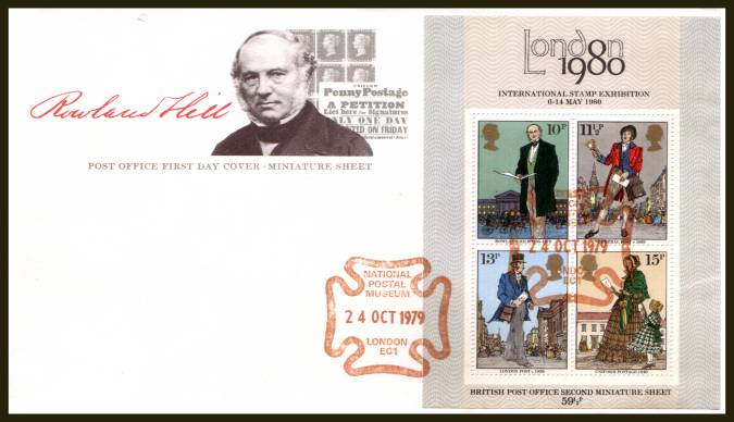 view larger back view image for Rowland Hill minisheet on an UNADDRESSED official Post Office FDC cancelled with a NATIONAL POSTAL MUSEUM - LONDON EC1 handstamp in Red dated 24 OCT 1979

