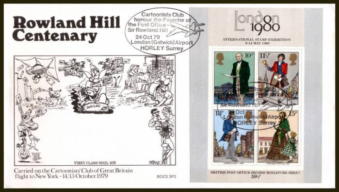 view larger back view image for Rowland Hill minisheet on an UNADDRESSED Benham FDC cancelled with the special handstamp for the CARTOONIST CLUB - LONDON GATWICK - HORLEY SURREY 
 dated 24 OCT 79 BOCS SP2

