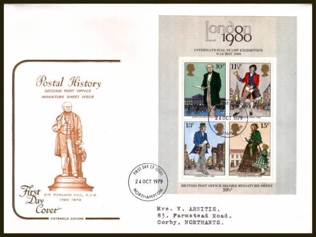 view larger back view image for Rowland Hill minisheet on a neatly typed addressed Cotswold  FDC cancelled with a
NORTHAMPTON

FDI dated 24 OCT 1979

