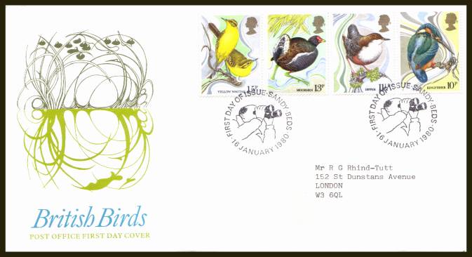 view larger back view image for British Birds set of four on official neatly typed addressed Royal Mail FDC cancelled with two strikes of the  SANDY - BEDS alternative cancel  


dated 16 JA 80.
